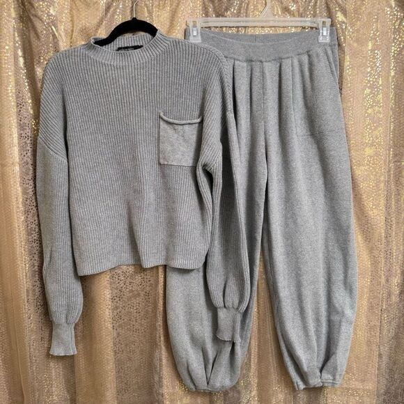 Merokeety Heather Gray Ribbed Winter Sweater Pants Lounge Sleep Set Large - Picture 1 of 10